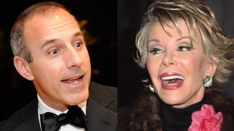 Matt Lauer surprised (left), Joan Rivers laughing (right) 