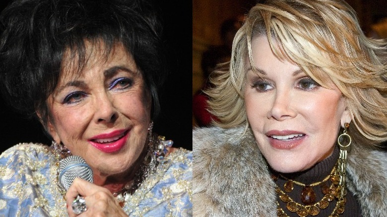 Elizabeth Taylor smiling (left), Joan Rivers smiling (right) 