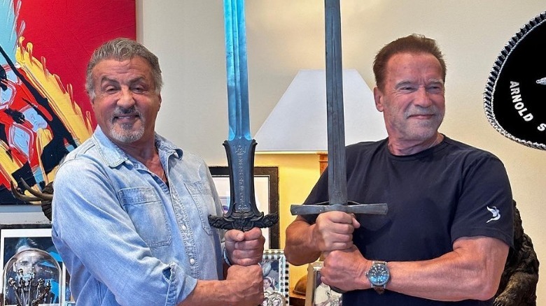 Sylvester Stallone Arnold Schwarzenegger holding swords