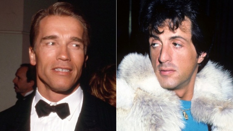 Arnold Schwarzenegger, Sylvester Stallone glancing to the side