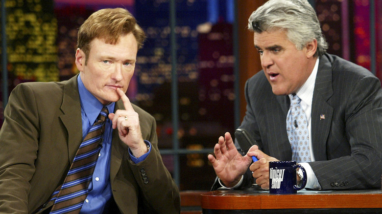 Conan O'Brien and Jay Leno on The Tonight Show, speaking