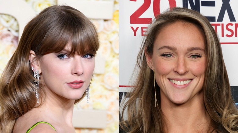 Taylor Swift and Kylie Kelce split image