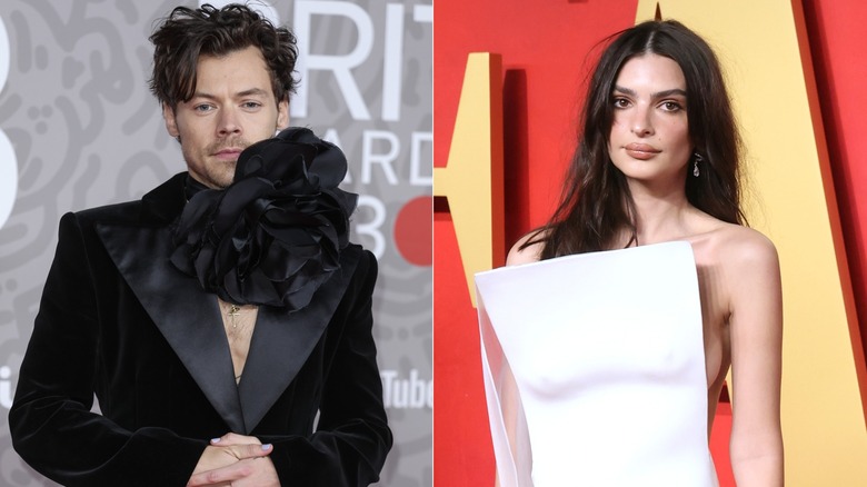 Harry Styles wearing black flower, Emily Ratajkowski wearing white dress