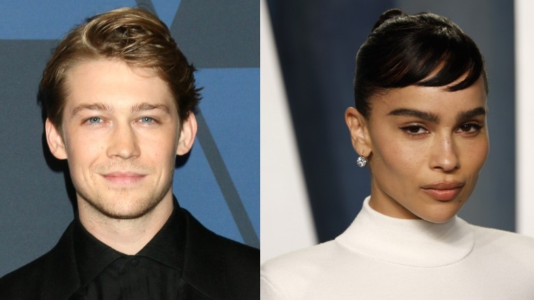 Joe Alwyn wears a black suit, Zoë Kravitz poses in a white gown