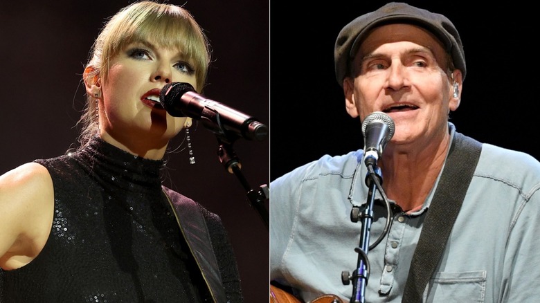 Taylor Swift and James Taylor performing split image