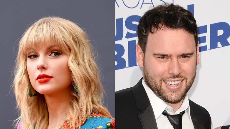 Side by side of Taylor Swift posing and Scooter Braun smiling