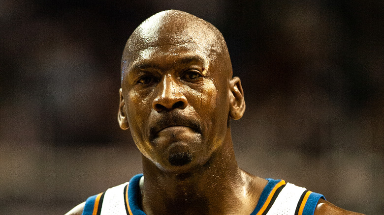 Michael Jordan frowning and looking sweaty