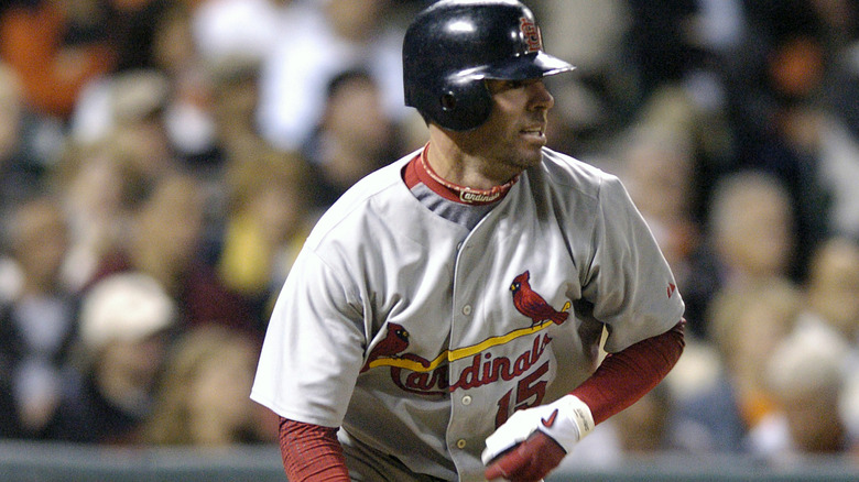 Former Cardinals player Jim Edmonds batting