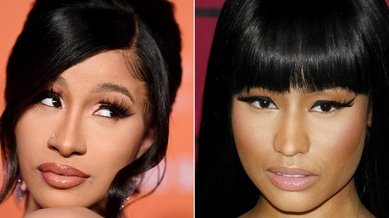 Cardi B posing with nude lip, Nicki Minaj with black bangs