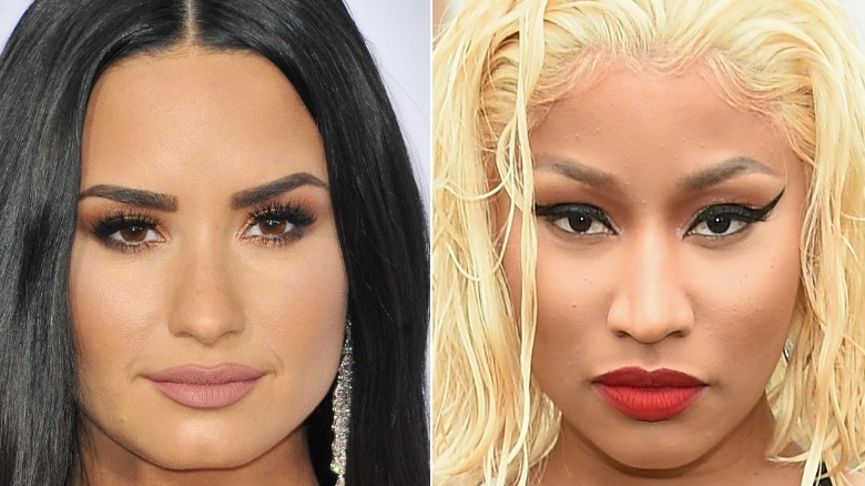 Demi Lovato long black hair, Nicki Minaj platinum blonde hair red lips