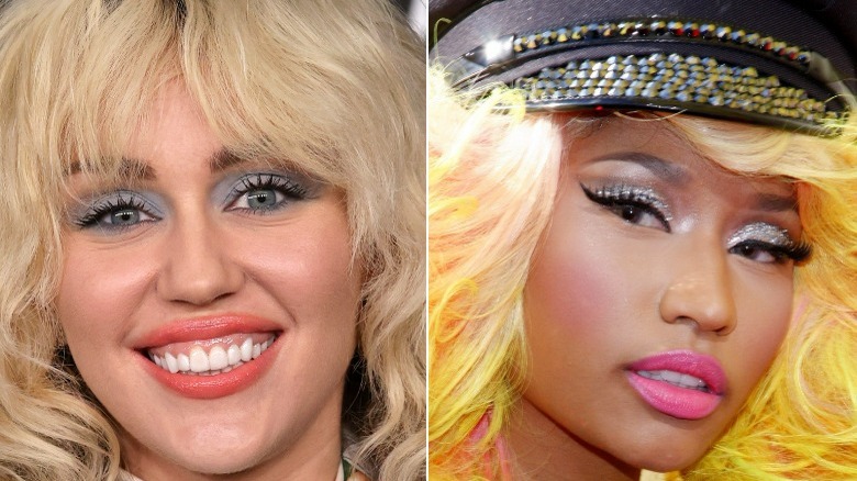 Miley Cyrus blonde bangs blue eyeshadow, Nicki Minaj yellow hair biker cap