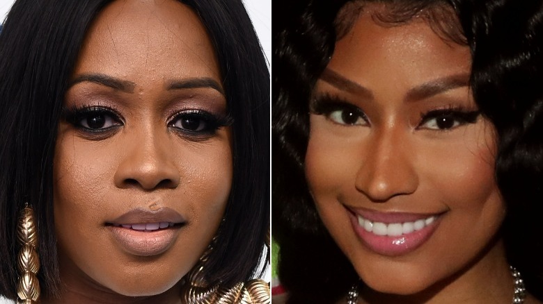 Remy Ma in gold earrings, Nicki Minaj smiling