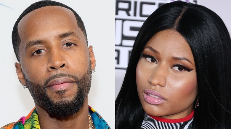 Safaree Samuels looking stern, Nicki Minaj barbie pink lipstick