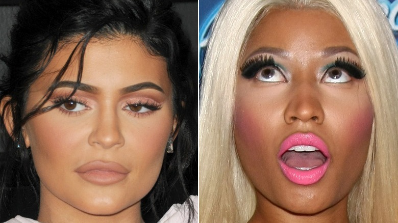 Kylie Jenner looking stern, Nicki Minaj Barbie pink lips looking shocked