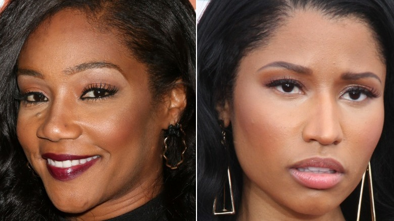 Tiffany Haddish smiling long black hair, Nicki Minaj looking mad