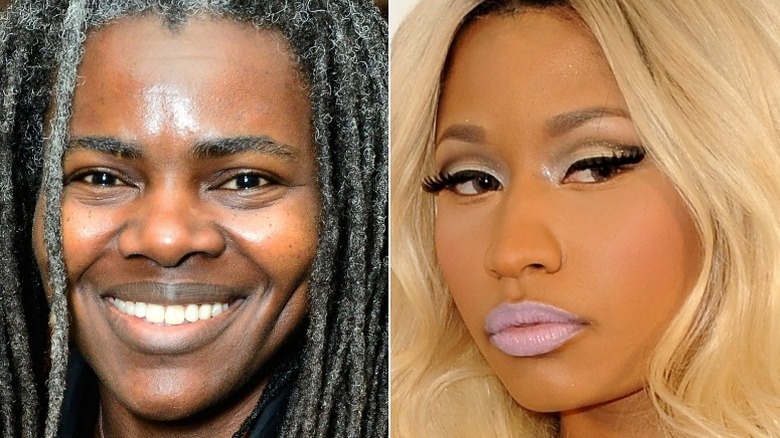 Tracy Chapman smiling, Nicki Minaj in light shimmering makeup