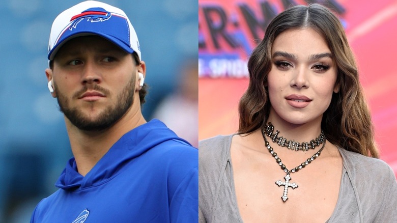 Side-by-side pictures of Josh Allen and Hailee Steinfeld smiling