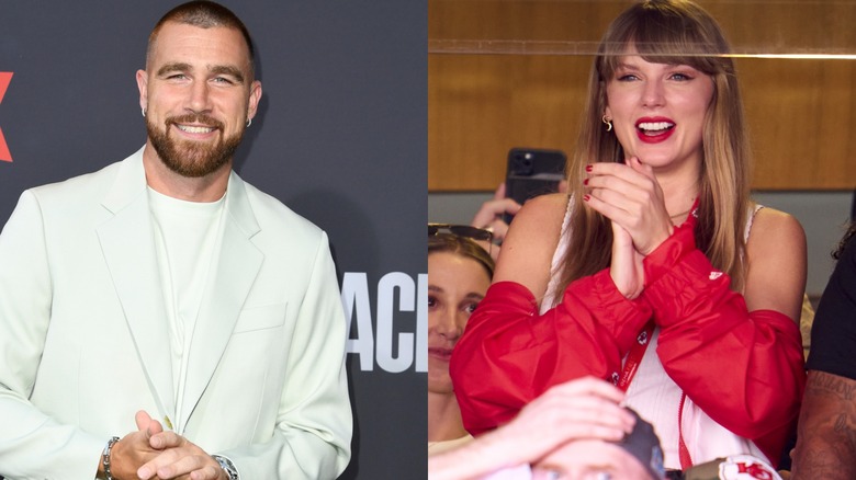 Side-by-side pictures of Travis Kelce and Taylor Swift smiling