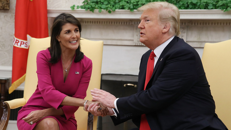 Nikki Haley and Donald Trump shaking hands