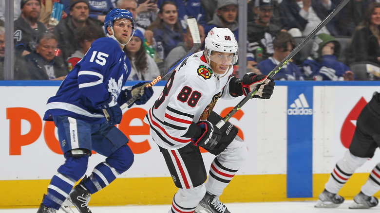 Patrick Kane in full hockey gear on the ice