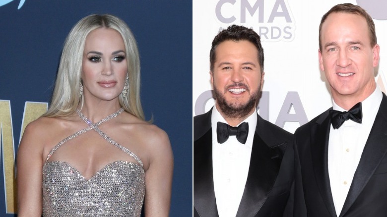 Carrie Underwood, Luke Bryan and Peyon Manning side by side