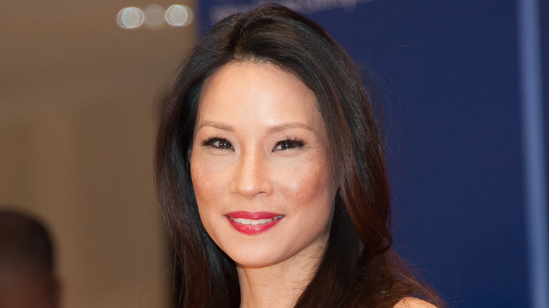 Lucy Liu with red lipstick