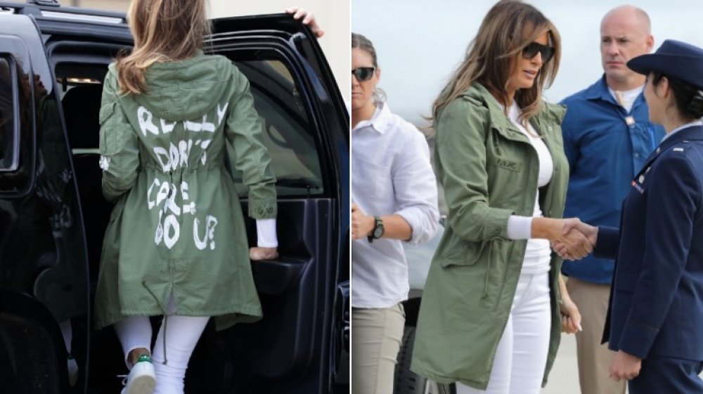 Split image of Melania Trump in her green "I really don't care, do u?" jacket