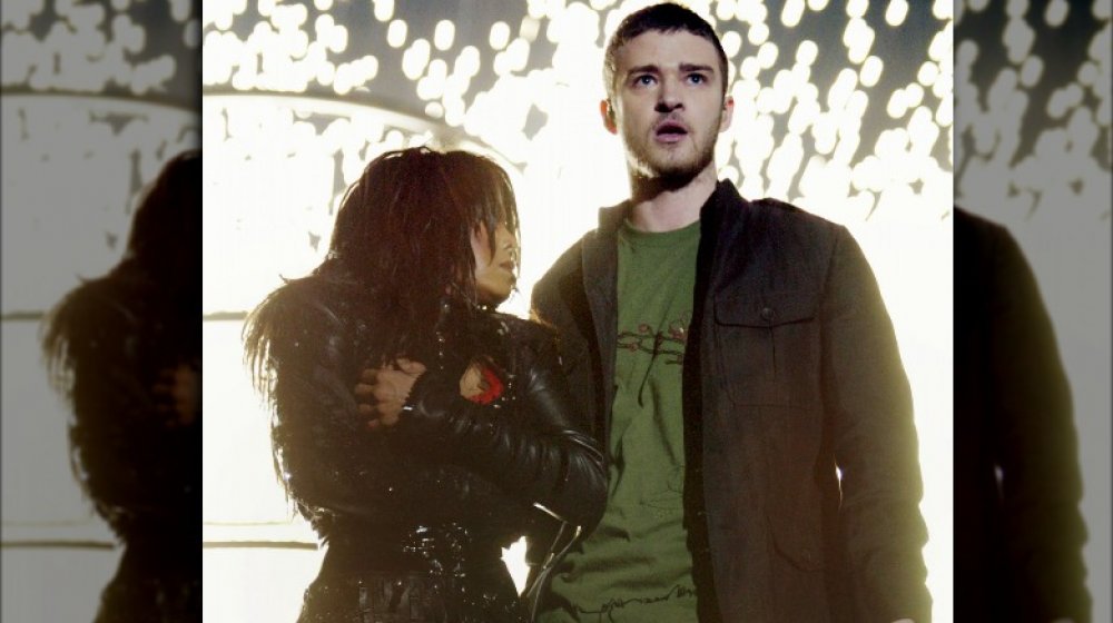 Janet Jackson and Justin Timberlake performing at the Super Bowl halftime show