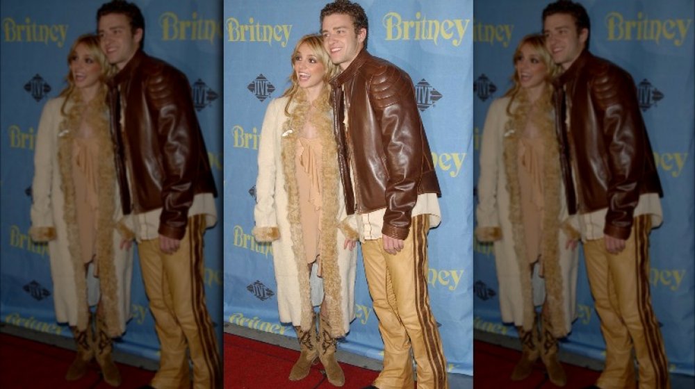 Britney Spears and Justin Timberlake in coordinated brown outfits