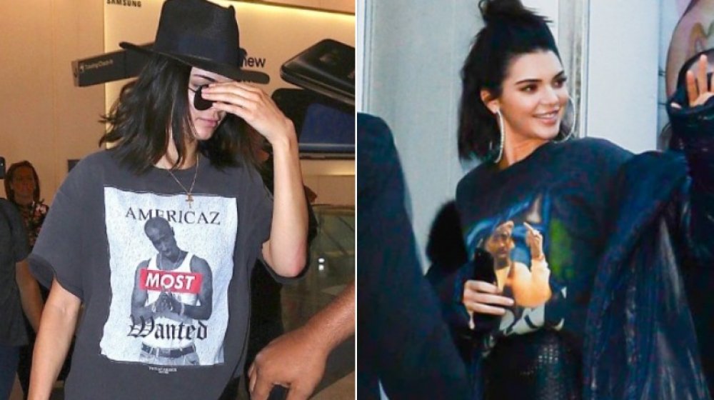 Split image of Kendall Jenner paparazzi photos, wearing vintage t-shirts