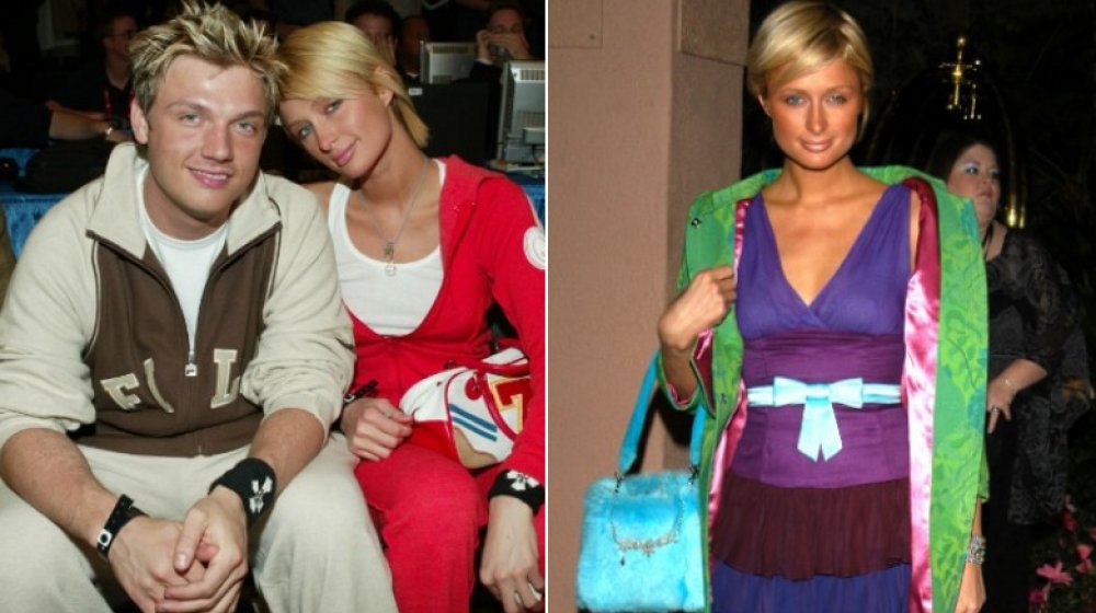 Split image of Nick Carter and Paris Hilton in early 2000s outfits