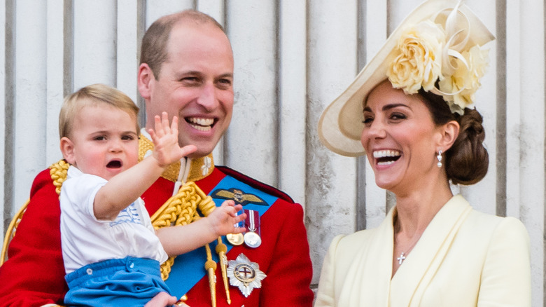 Prince Louis waving, Prince William, Kate Middleton laughing