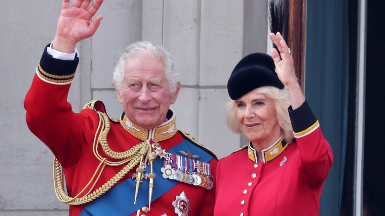 Charles and Camilla giving a wave