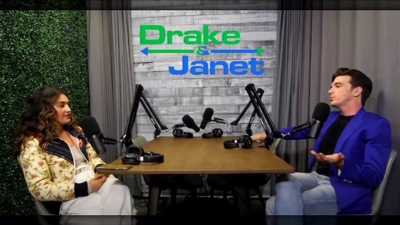 Drake Bell and Janet Von Schmeling recording a podcast