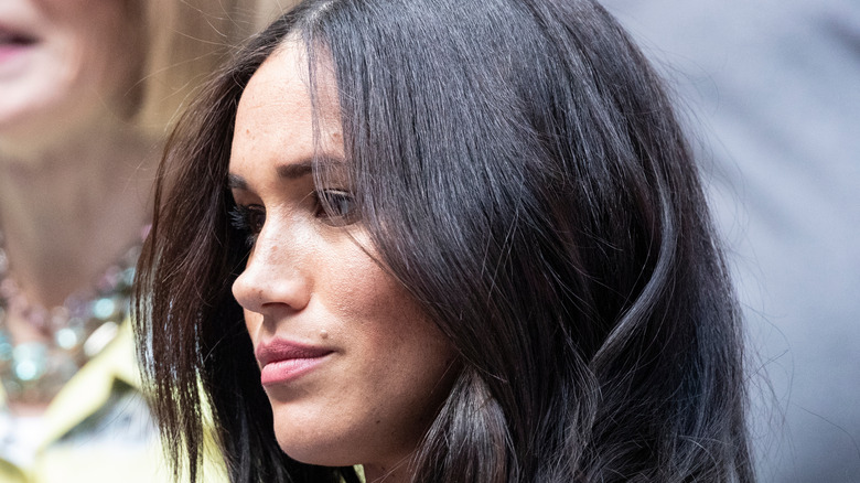 Meghan Markle looking serious, side profile