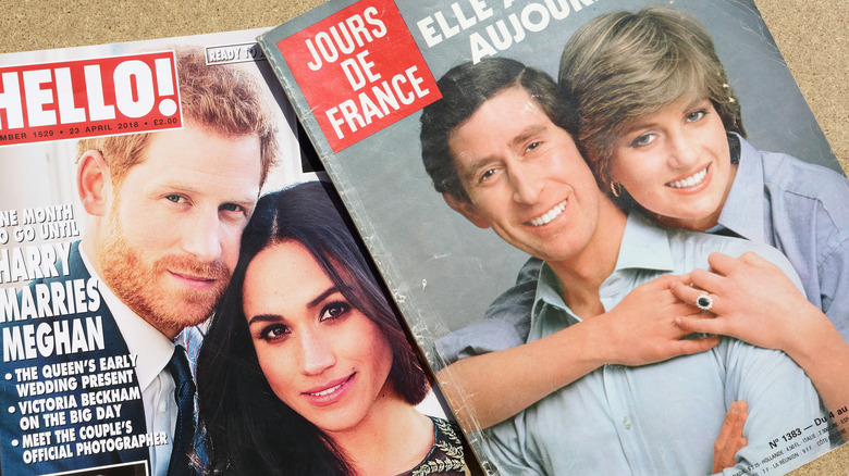 Prince Harry, Meghan Markle, Prince Charles, Princess Diana, all in magazines 