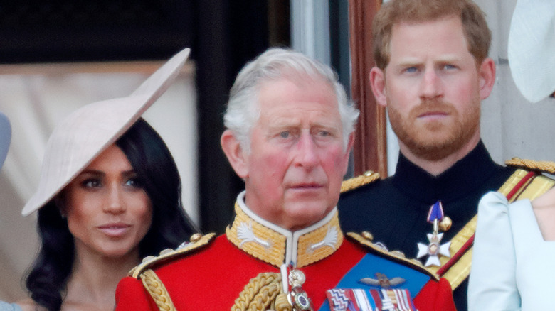 Meghan Markle pink hat, King Charles staring, and Prince Harry looking serious