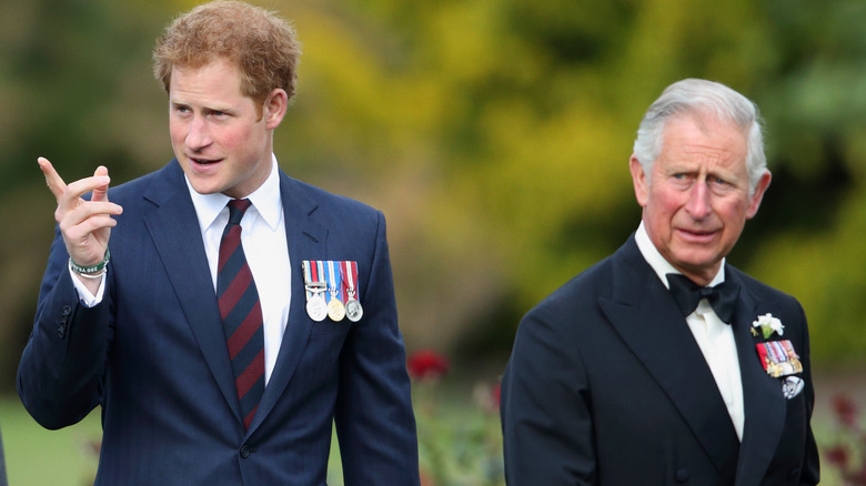 Prince Harry pointing as King Charles grimaces