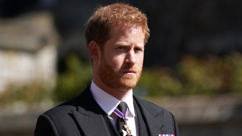 Prince Harry looking somber as Prince Philip funeral