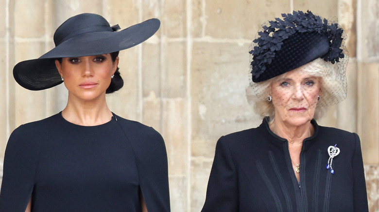 Meghan Markle and Camilla Parker Bowles looking serious