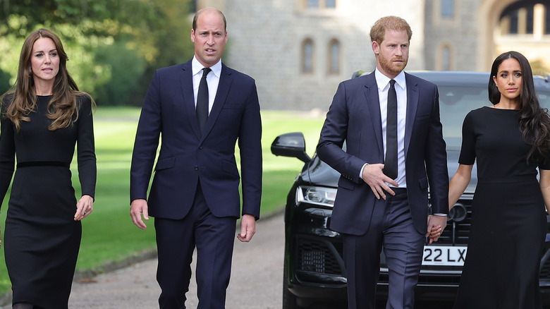 Meghan Markle, Prince Harry, Prince William, and Kate Middleton walking