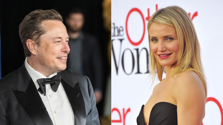 Split image of Elon Musk wearing a tuxedo and Cameron Diaz posing at the premiere of "The Other Woman"