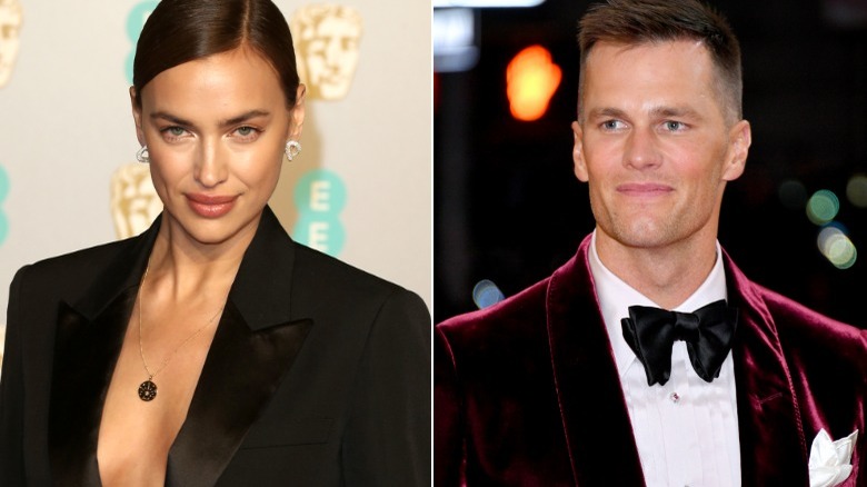 Side-by-side pictures of Irina Shayk posing on red carpet and Tom Brady smiling 