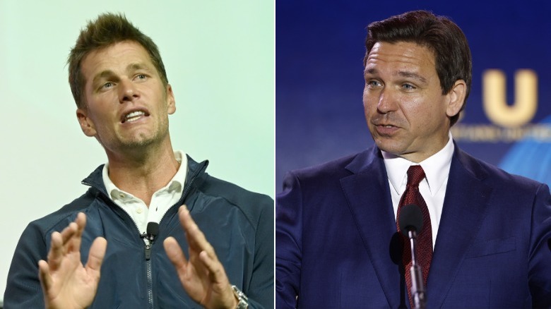 Side-by-side pictures of Tom Brady speaking and Ron DeSantis talking at a campaign rally