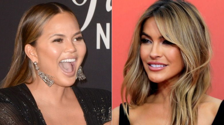 Chrissy Teigen laughing with mouth open, Chrishell Stause smiling on red carpet