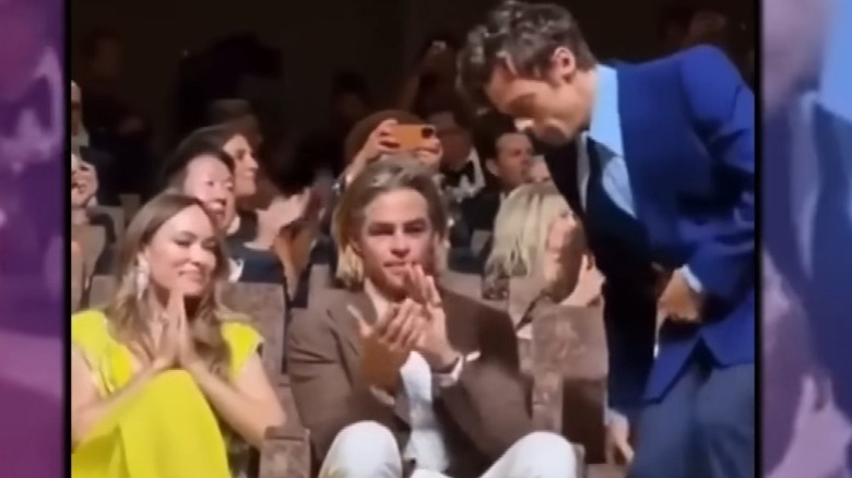 Olivia Wilde, Chris Pine, and Harry Styles in a video at the Venice Film Festival