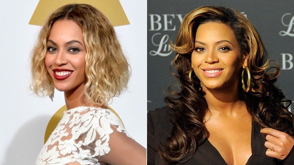 Split image of Beyoncé with shorter blonde hair, and longer ombre locks