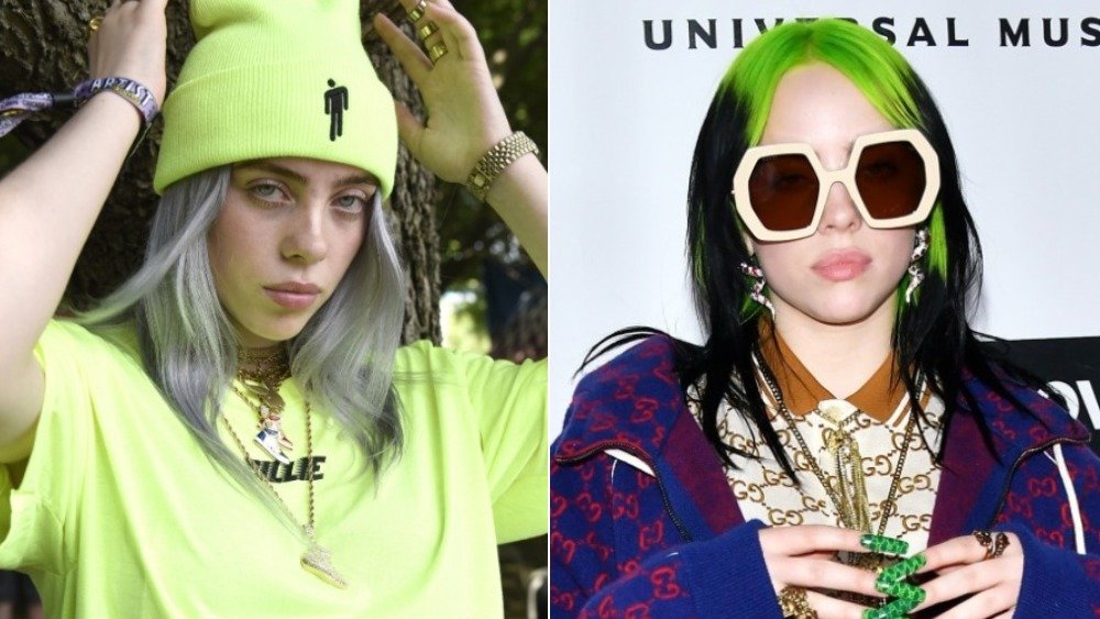 Split image of Billie Eilish wearing a yellow beanie and large, white-framed sunglasses with long green nails