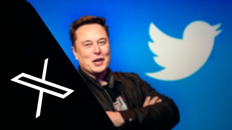 Photo of Elon Musk with X and Twitter logos