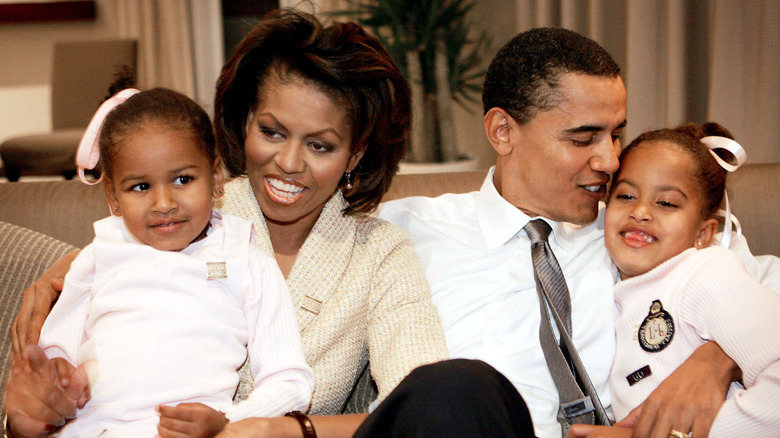 The Obamas posing for a family photo